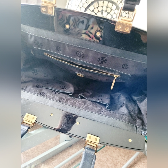 Tory Burch Attersee Women Luxe Suede Frame Satchel Bag Jewel /Black Large - Picture 15 of 16